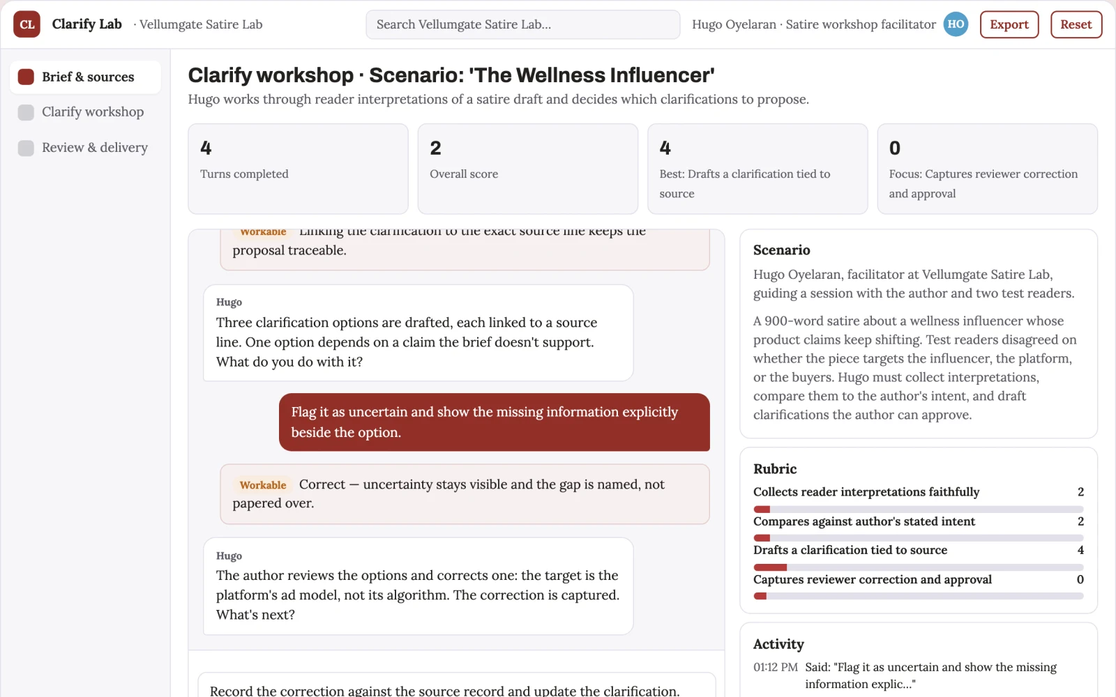 Screenshot of the Satire context clarification workshop interactive demo