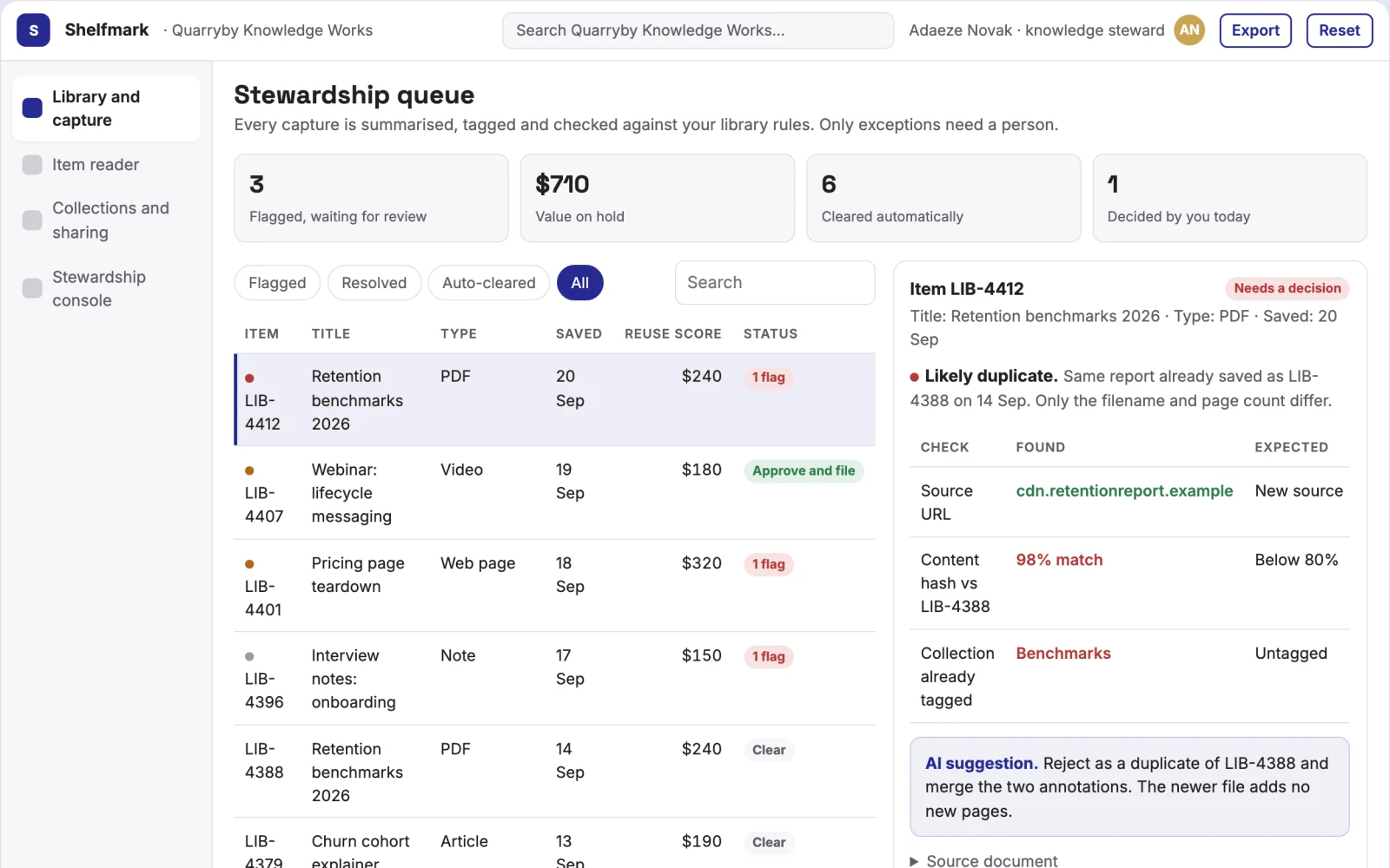 Screenshot of the Saved knowledge library and stewardship console interactive demo