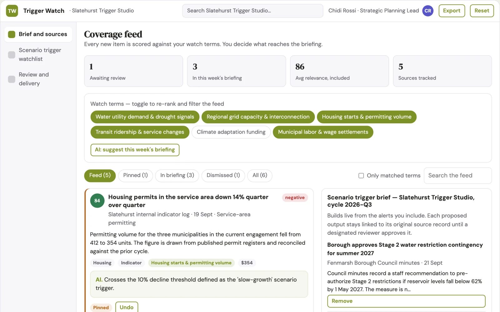 Screenshot of the Scenario trigger watchlist interactive demo