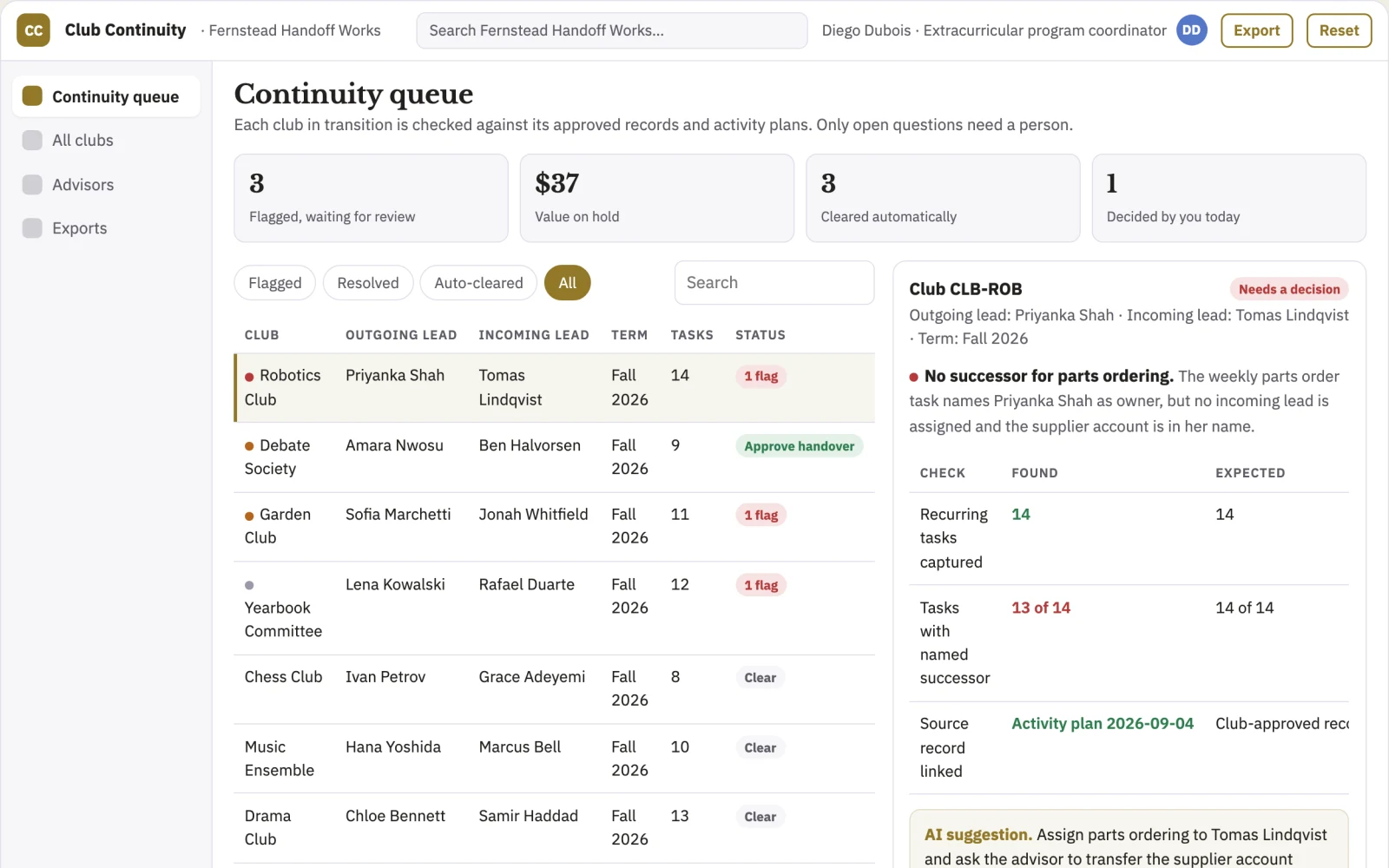 Screenshot of the School club succession notebook interactive demo