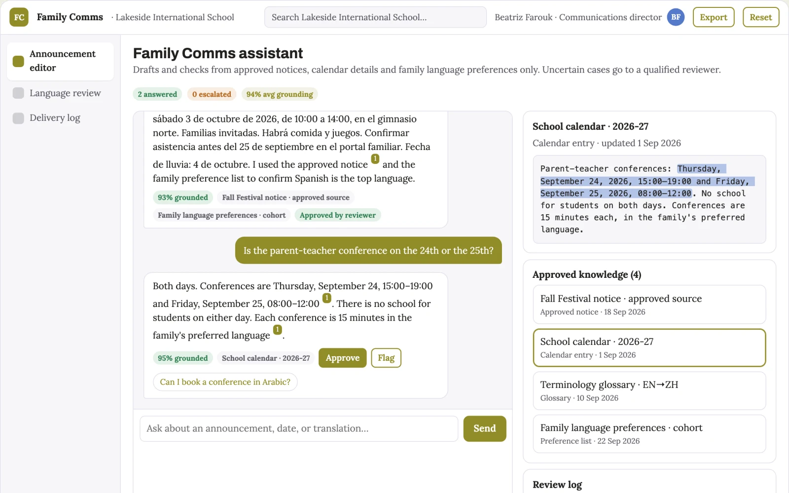 Demo screen of School communication service