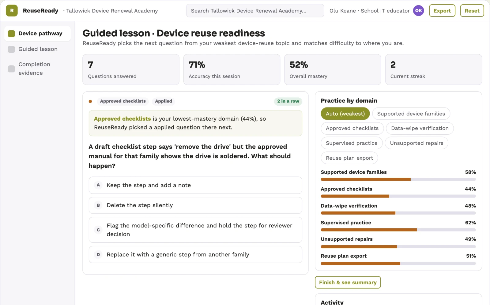 Screenshot of the School device reuse academy interactive demo