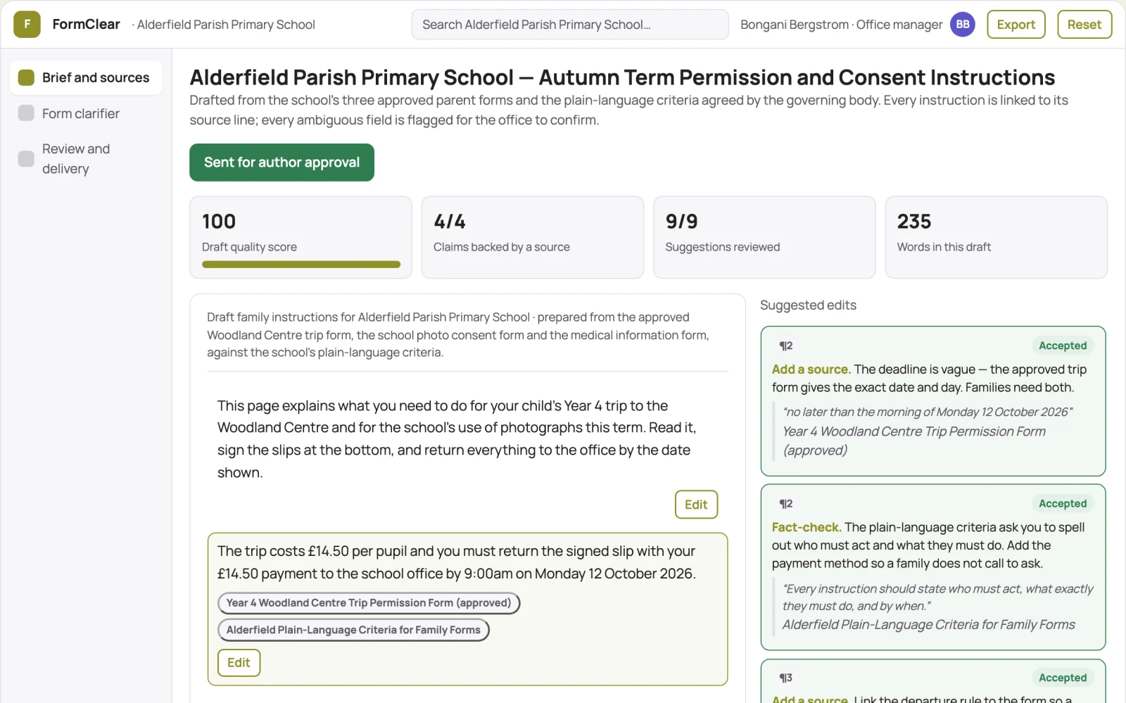 Screenshot of the School family form simplifier interactive demo