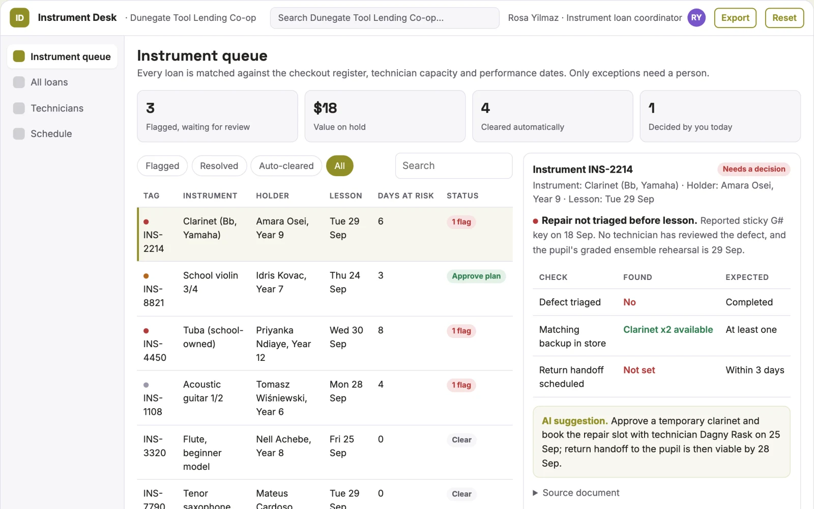Screenshot of the School instrument loan repair coordinator interactive demo