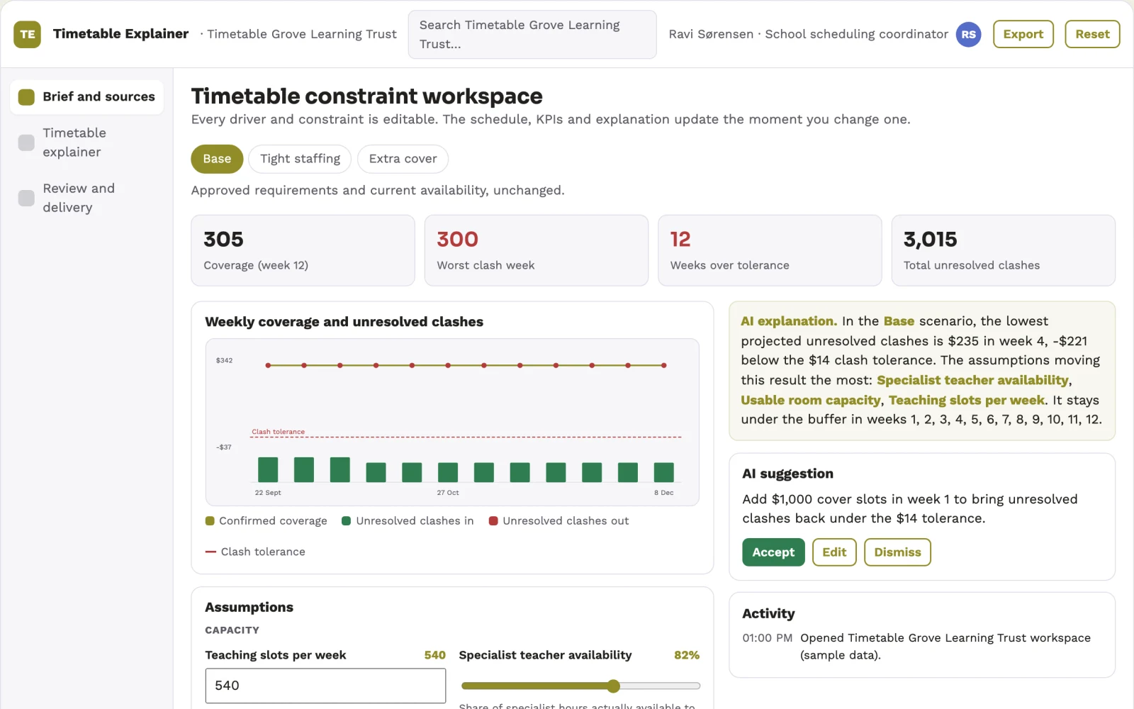 Screenshot of the School timetable constraint explainer interactive demo