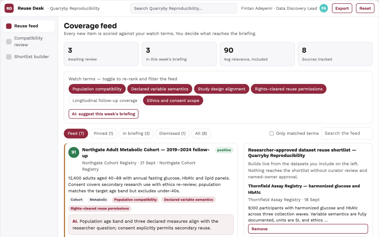 Screenshot of the Scientific dataset reuse compatibility engine interactive demo