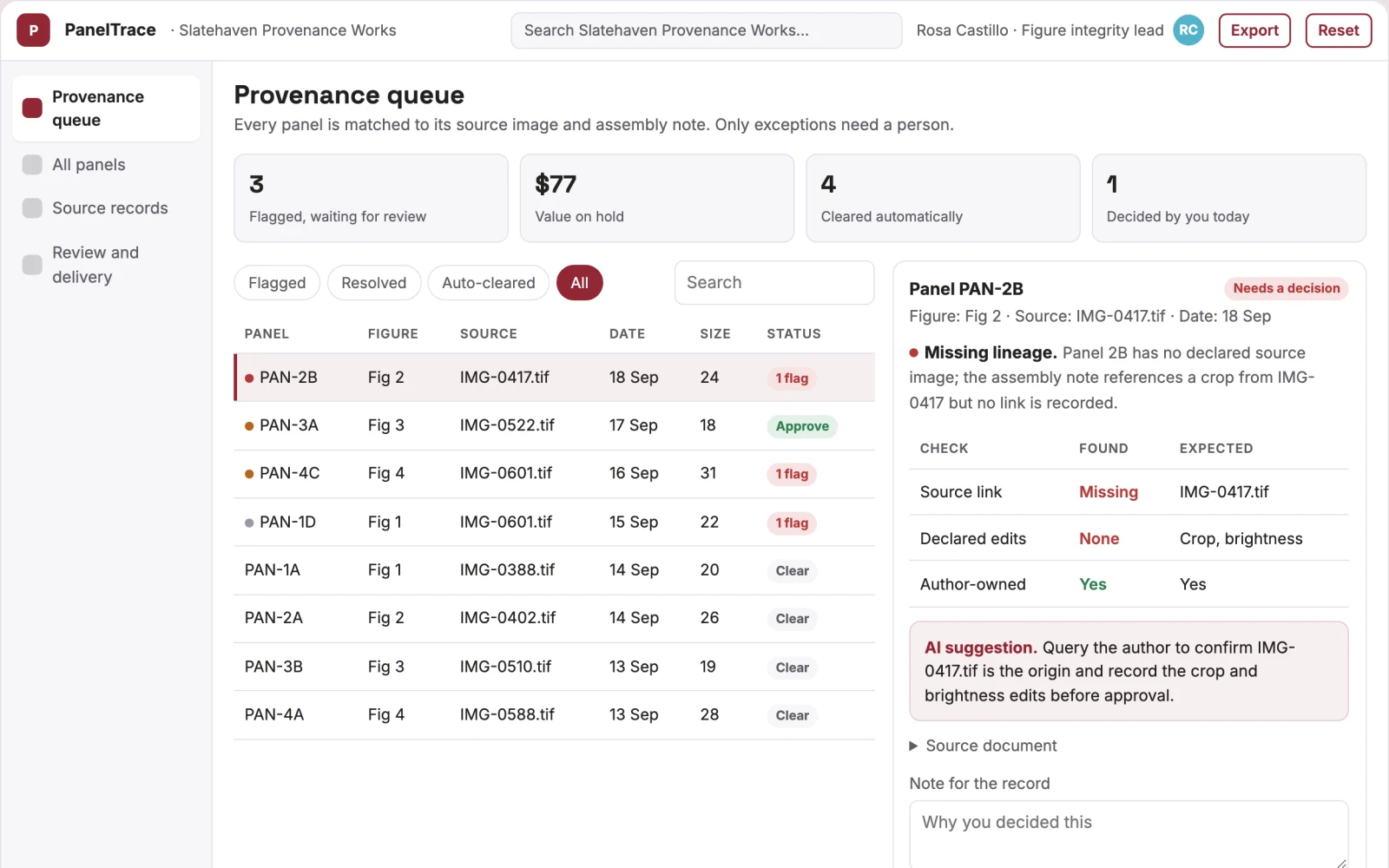 Screenshot of the Scientific image panel provenance interactive demo