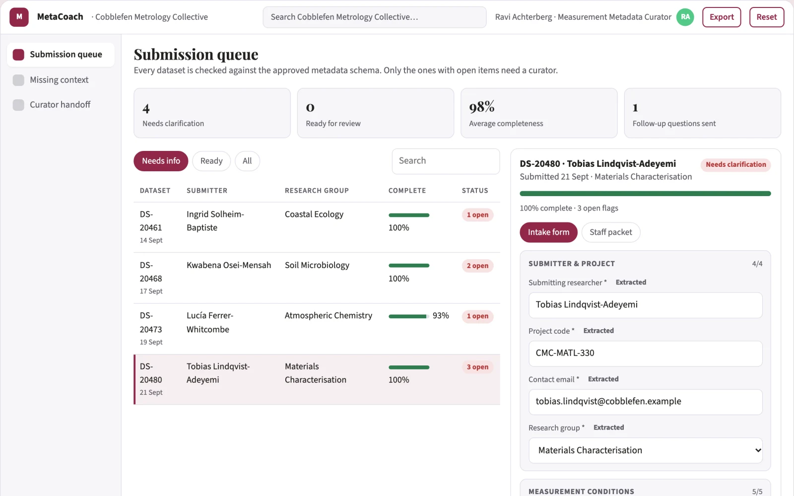 Screenshot of the Scientific measurement metadata coach interactive demo