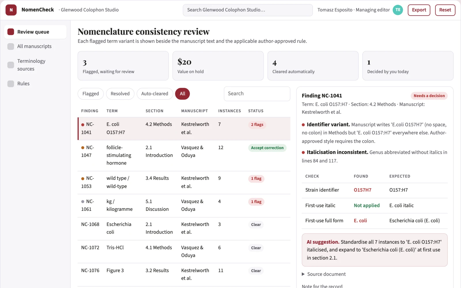 Screenshot of the Scientific nomenclature consistency review interactive demo
