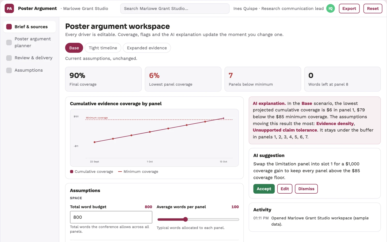 Screenshot of the Scientific poster argument planner interactive demo