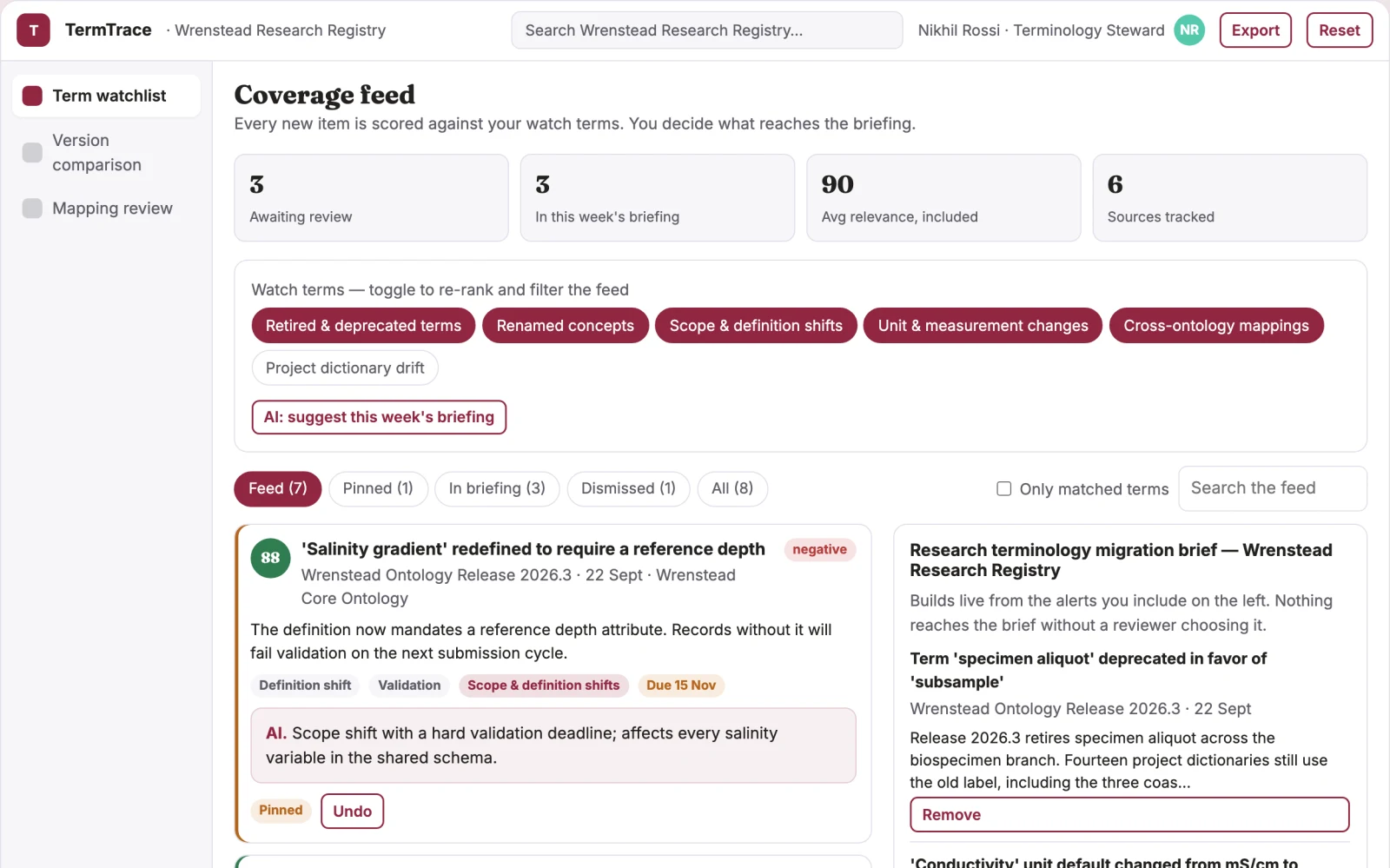 Screenshot of the Scientific terminology change tracker interactive demo