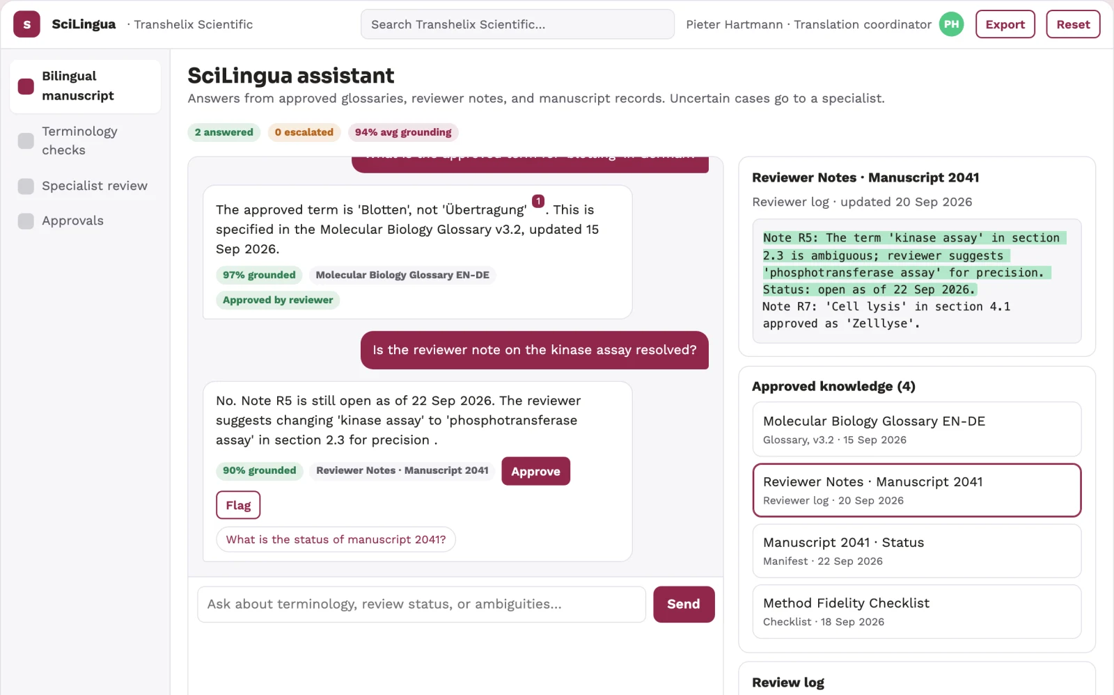 Demo screen of Scientific translation service