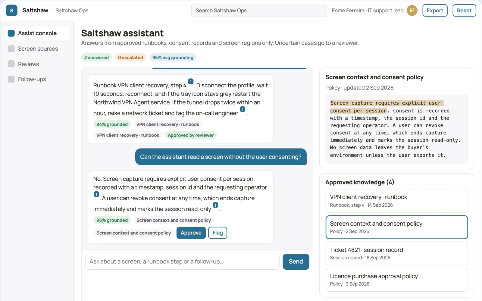 Screenshot of the Screen-aware assistant and admin console interactive demo