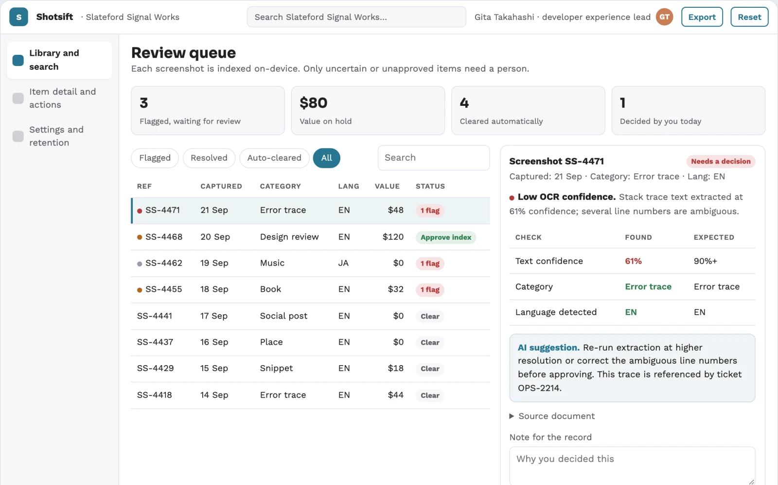 Screenshot of the Screenshot text index and stewardship console interactive demo