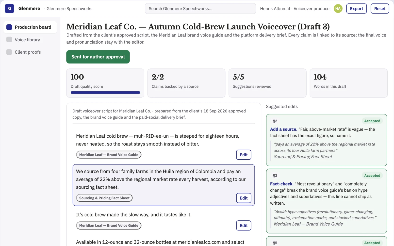 Screenshot of the Scripted voiceover production workspace interactive demo