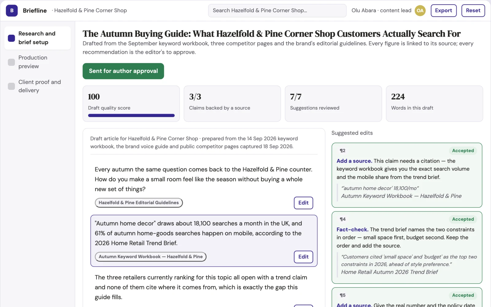 Screenshot of the Search-optimized content research and delivery workspace interactive demo