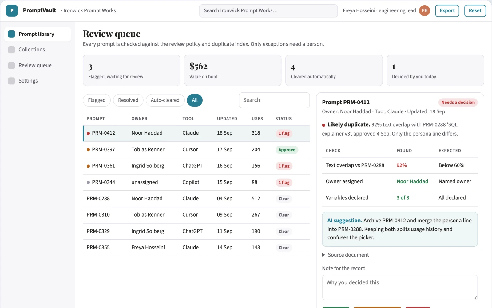 Screenshot of the Searchable prompt library and reuse console interactive demo