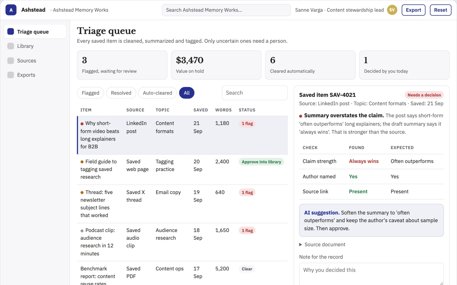 Screenshot of the Searchable saved-content library and stewardship console interactive demo