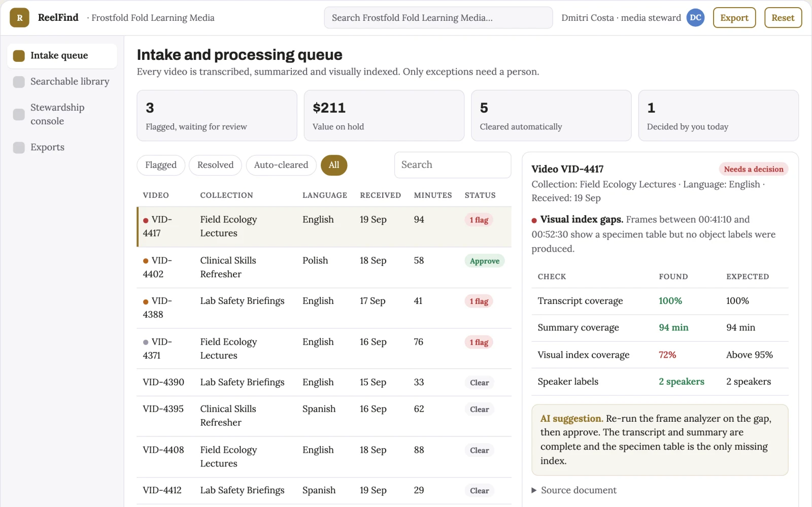Screenshot of the Searchable video knowledge library and stewardship console interactive demo