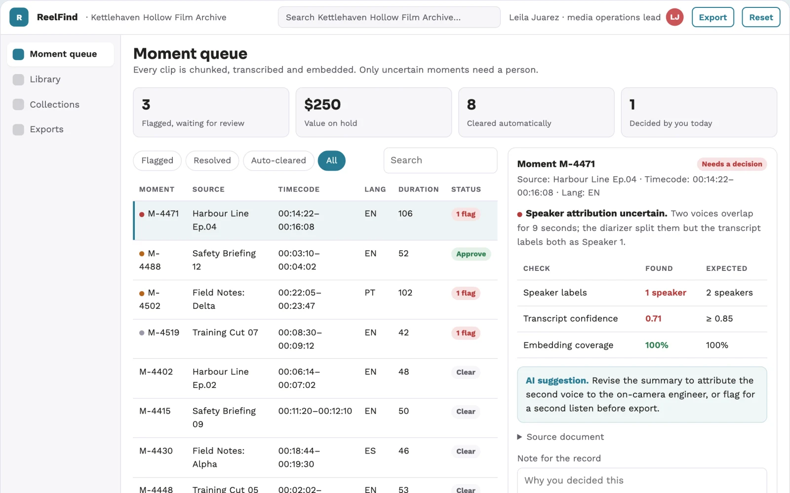 Screenshot of the Searchable video library and analysis console interactive demo