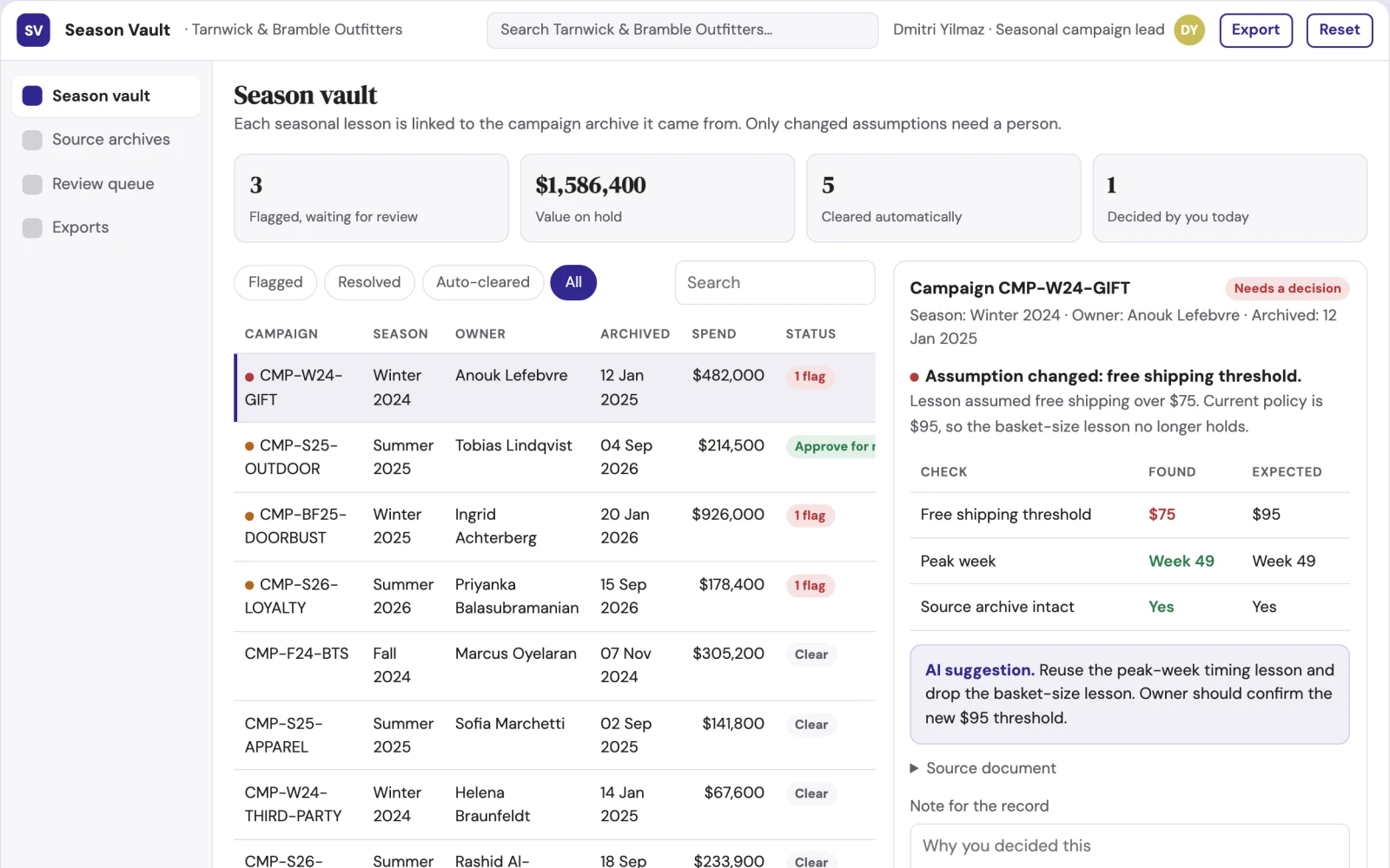 Screenshot of the Seasonal campaign archive planner interactive demo