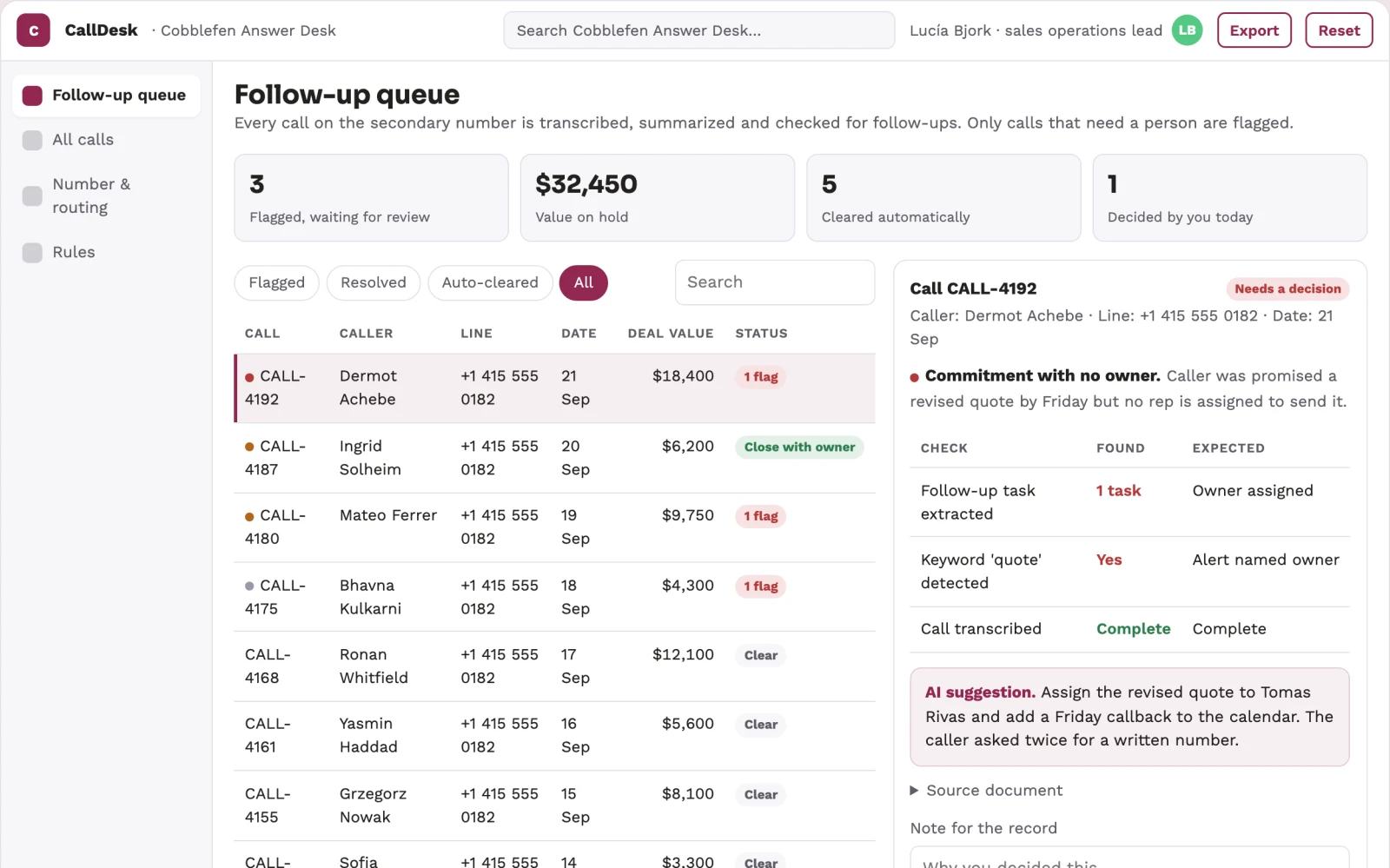 Screenshot of the Secondary number call transcription and follow-up desk interactive demo