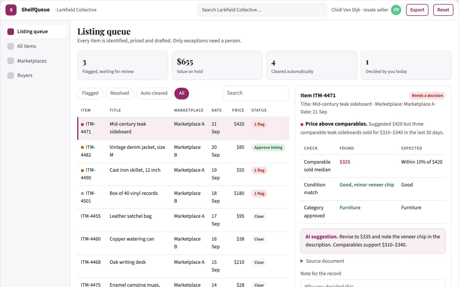 Screenshot of the Secondhand resale listing and sales coordination portal interactive demo