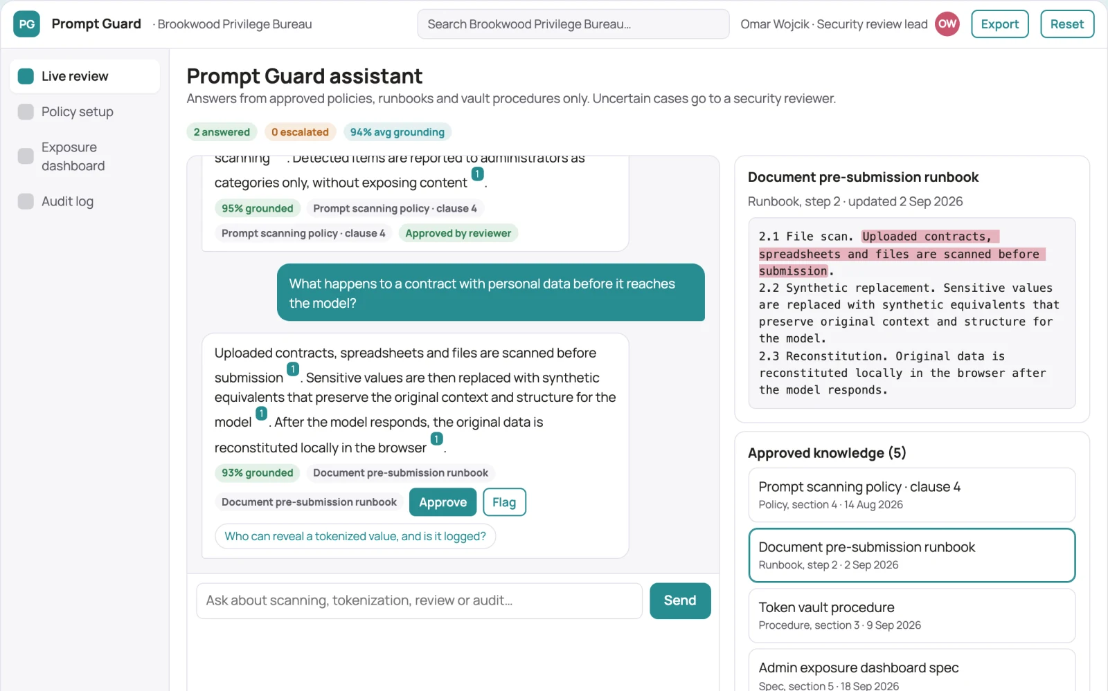 Screenshot of the Sensitive prompt and document exposure guard interactive demo
