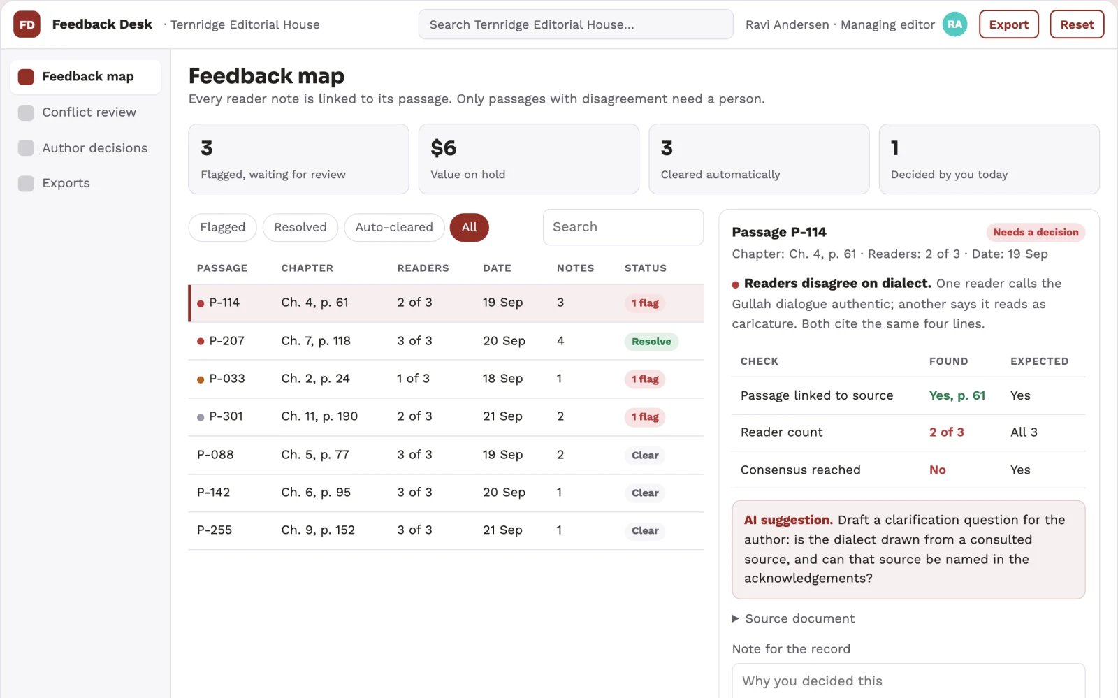 Screenshot of the Sensitivity feedback reconciliation desk interactive demo