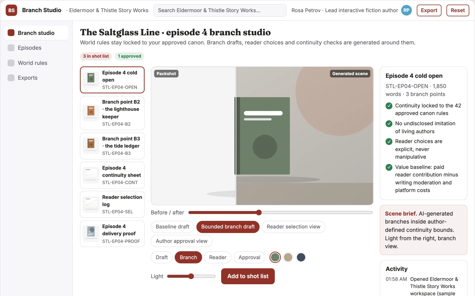 Screenshot of the Serialized story reader-choice studio interactive demo