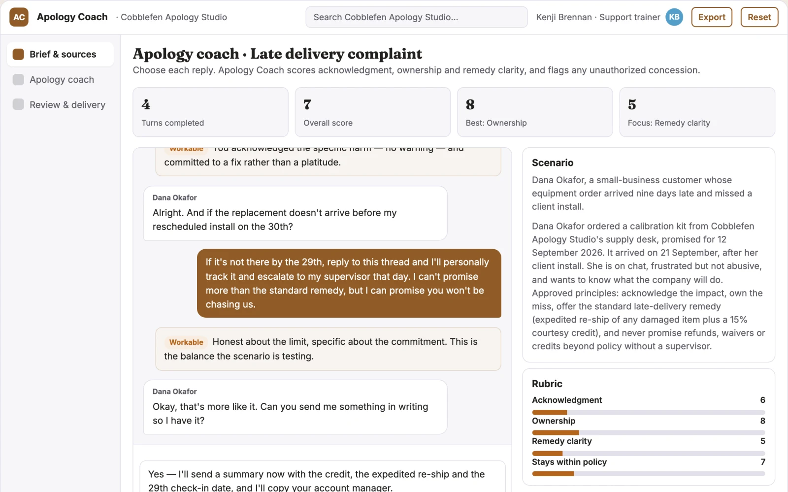 Screenshot of the Service apology quality coach interactive demo