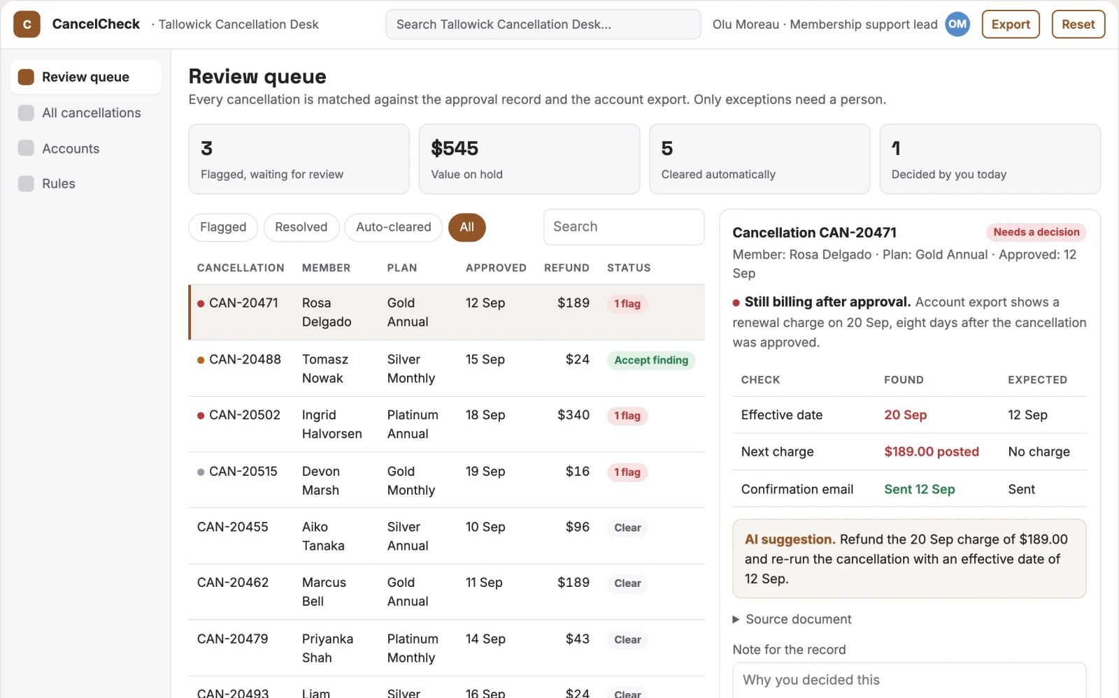 Screenshot of the Service cancellation completion checker interactive demo
