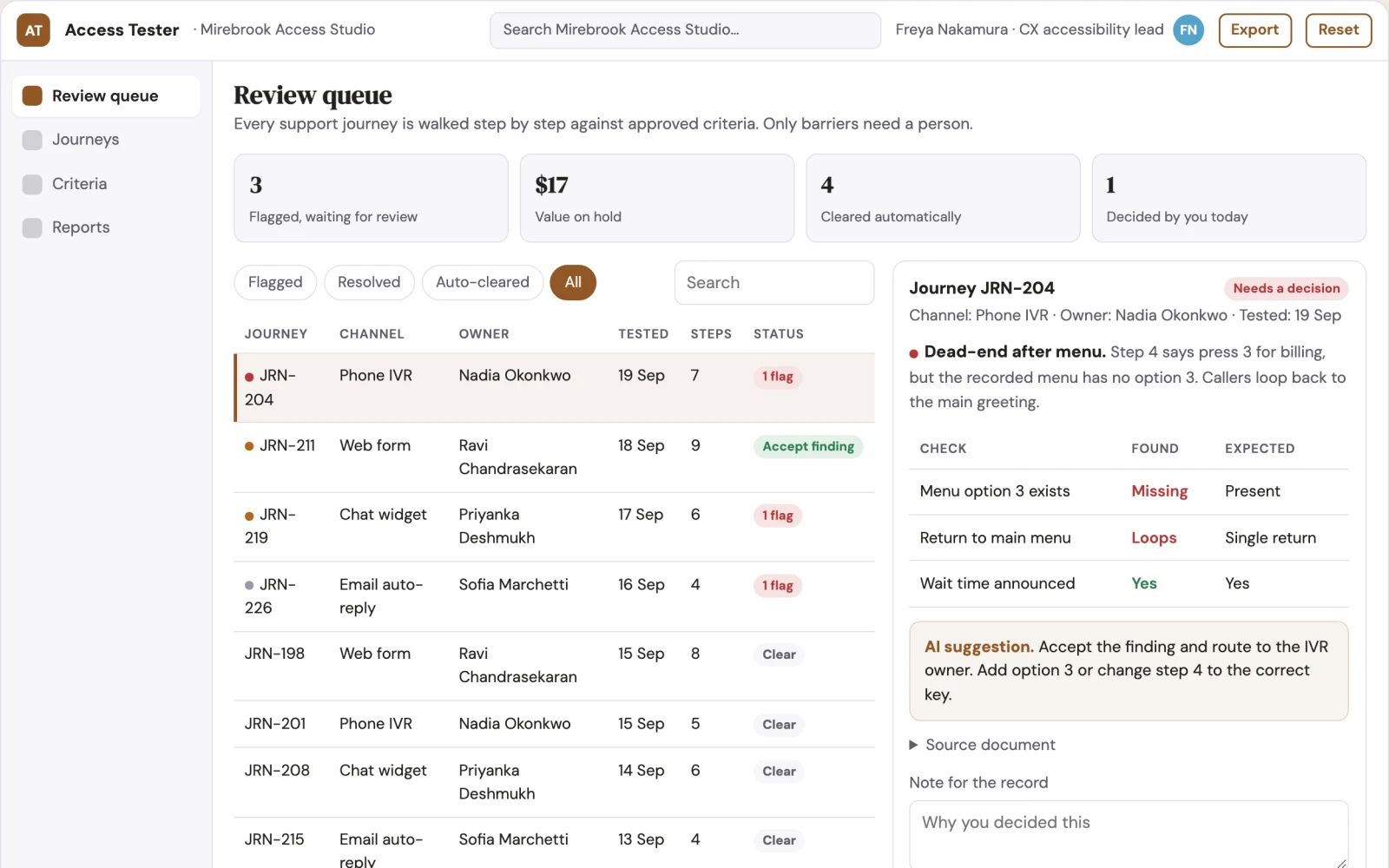 Screenshot of the Service channel accessibility tester interactive demo