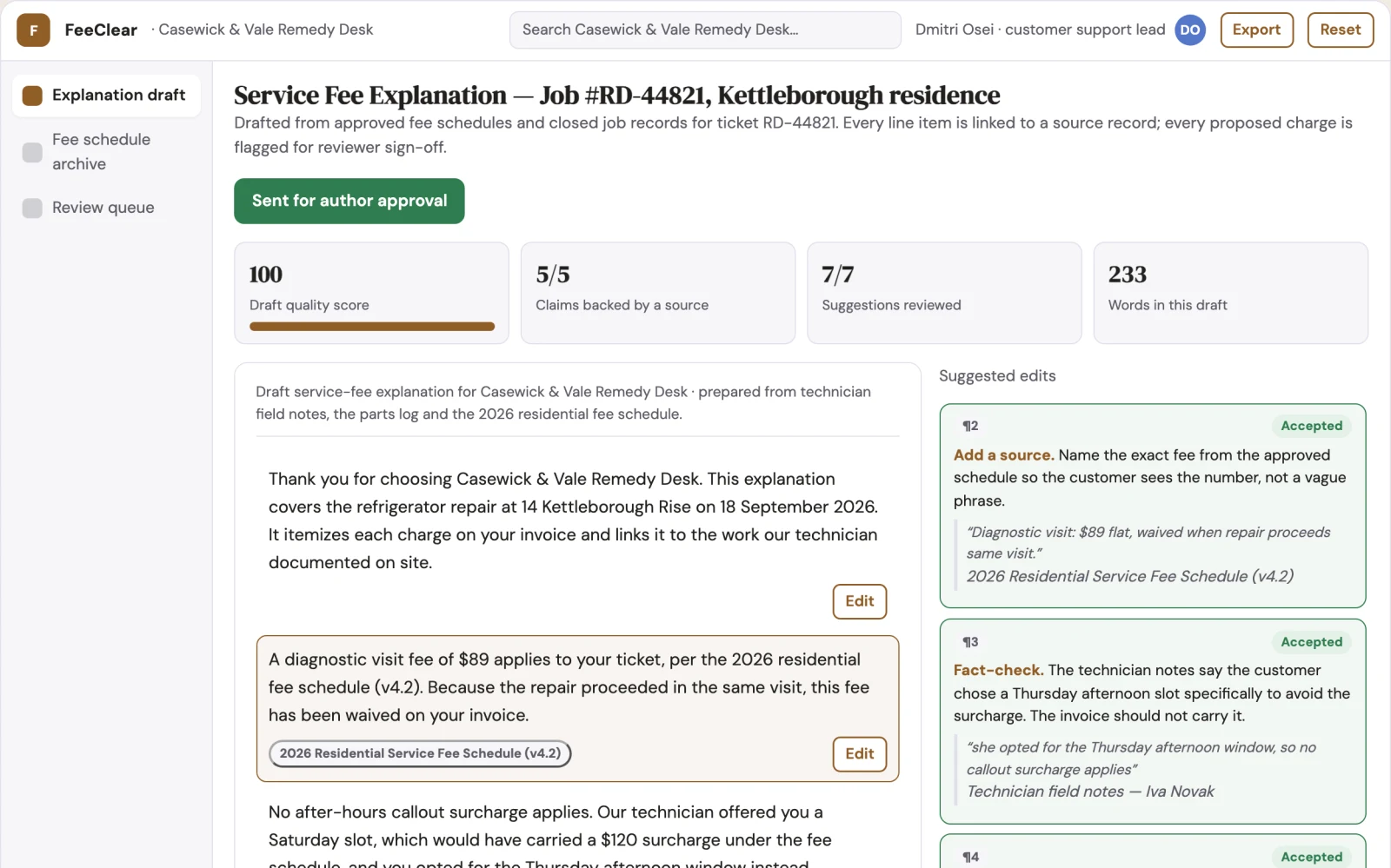 Screenshot of the Service fee explanation builder interactive demo