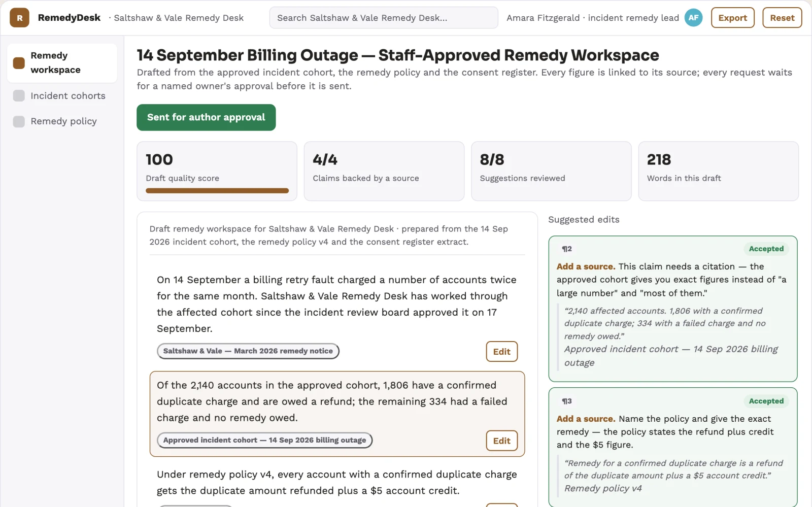 Screenshot of the Service incident compensation workload reducer interactive demo