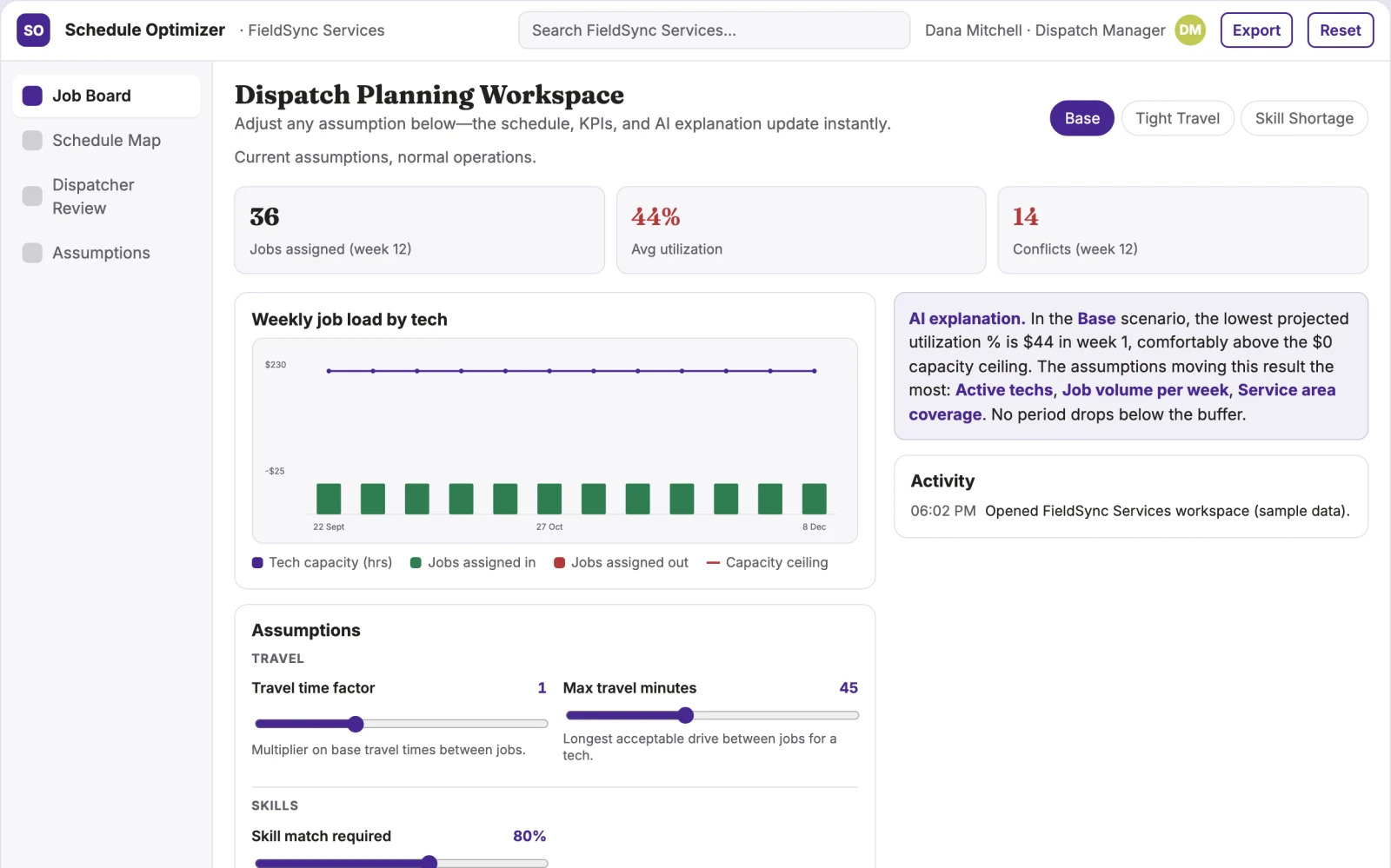 Demo screen of Service scheduling coordinator