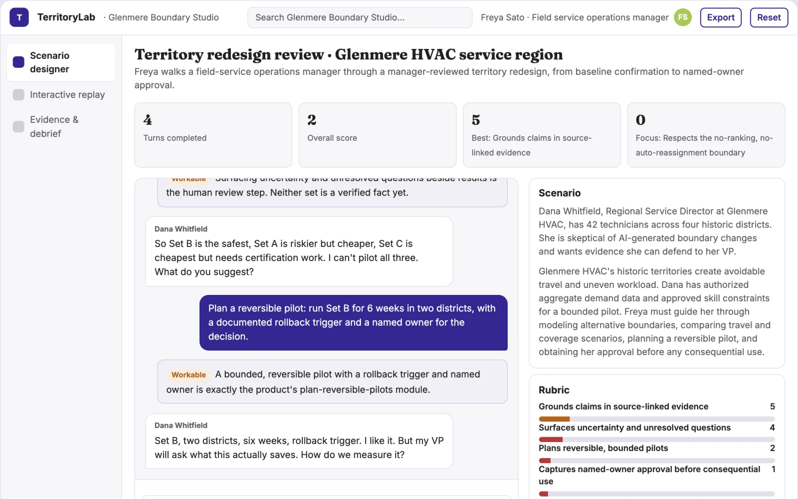 Screenshot of the Service territory redesign simulator interactive demo