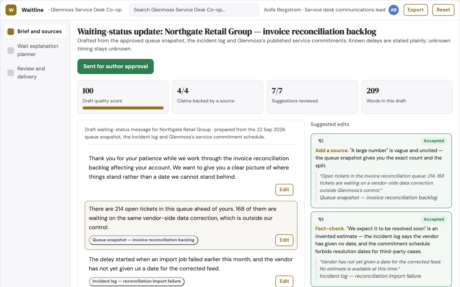 Screenshot of the Service wait explanation planner interactive demo
