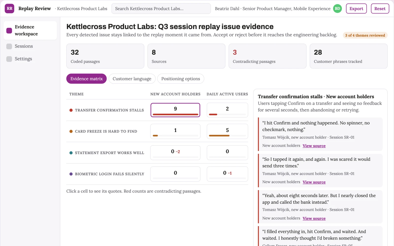 Screenshot of the Session replay issue detection workspace interactive demo
