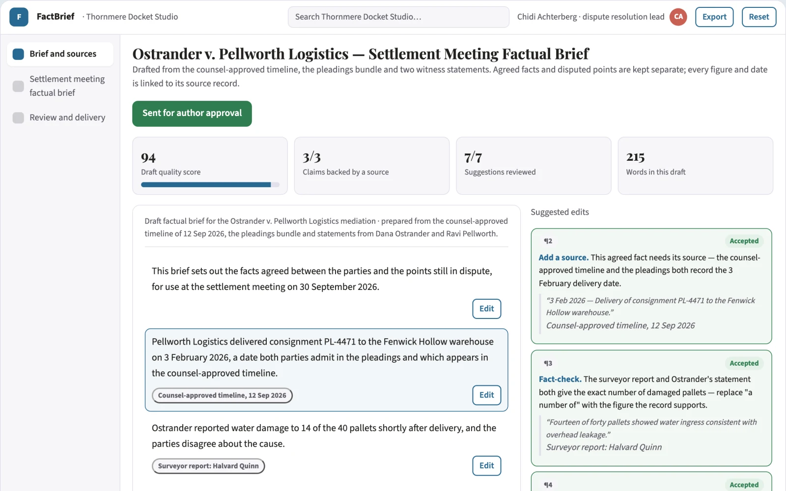 Screenshot of the Settlement meeting factual brief interactive demo