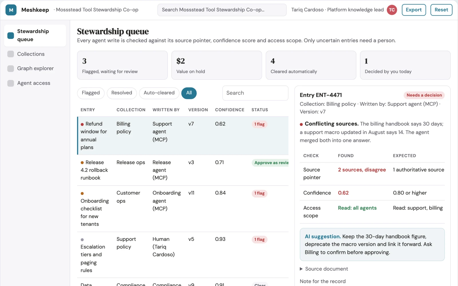 Screenshot of the Shared agent knowledge library and stewardship console interactive demo