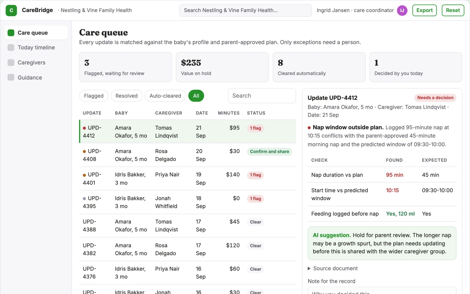 Screenshot of the Shared baby care coordination and guidance portal interactive demo