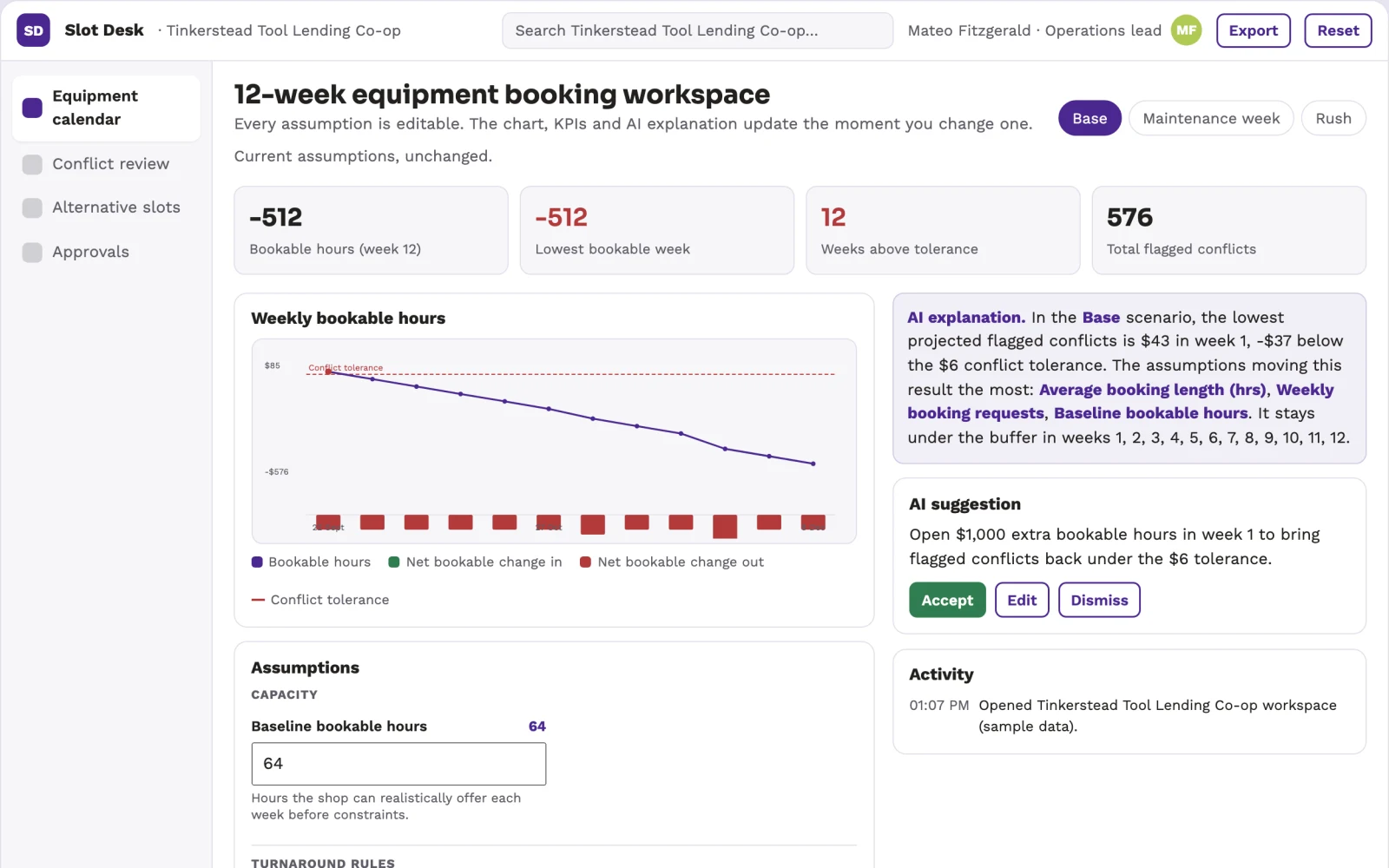 Screenshot of the Shared equipment booking conflict desk interactive demo