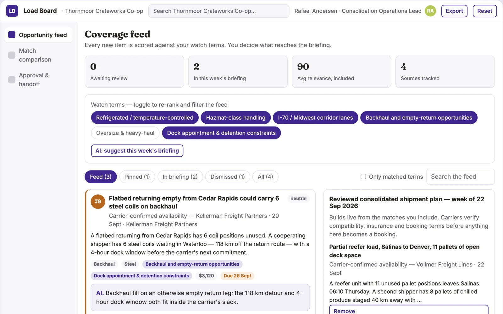 Screenshot of the Shared freight consolidation co-op interactive demo
