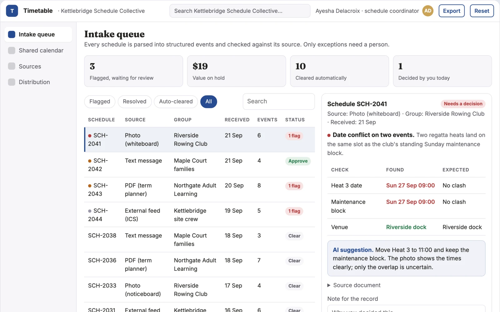 Screenshot of the Shared schedule coordination portal interactive demo