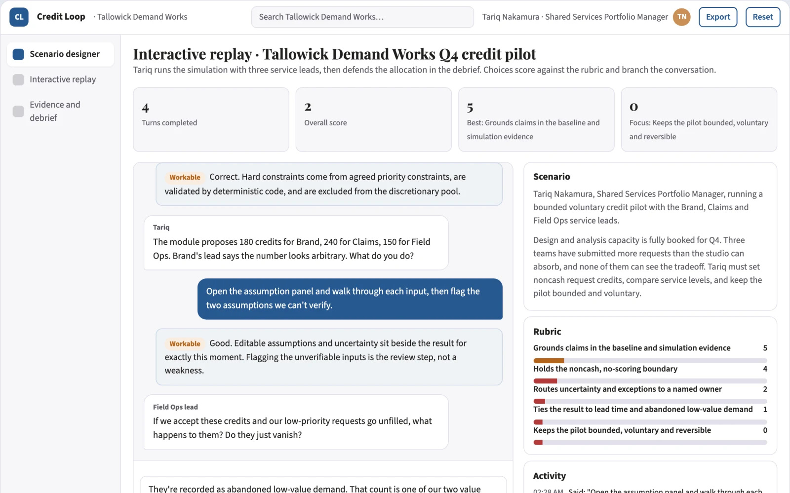 Screenshot of the Shared-service demand credit experiment interactive demo