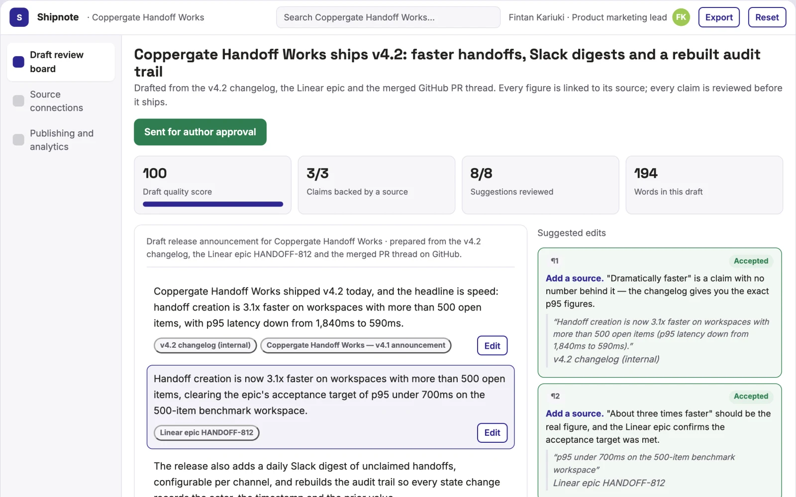 Screenshot of the Shipped-work content publishing workspace interactive demo