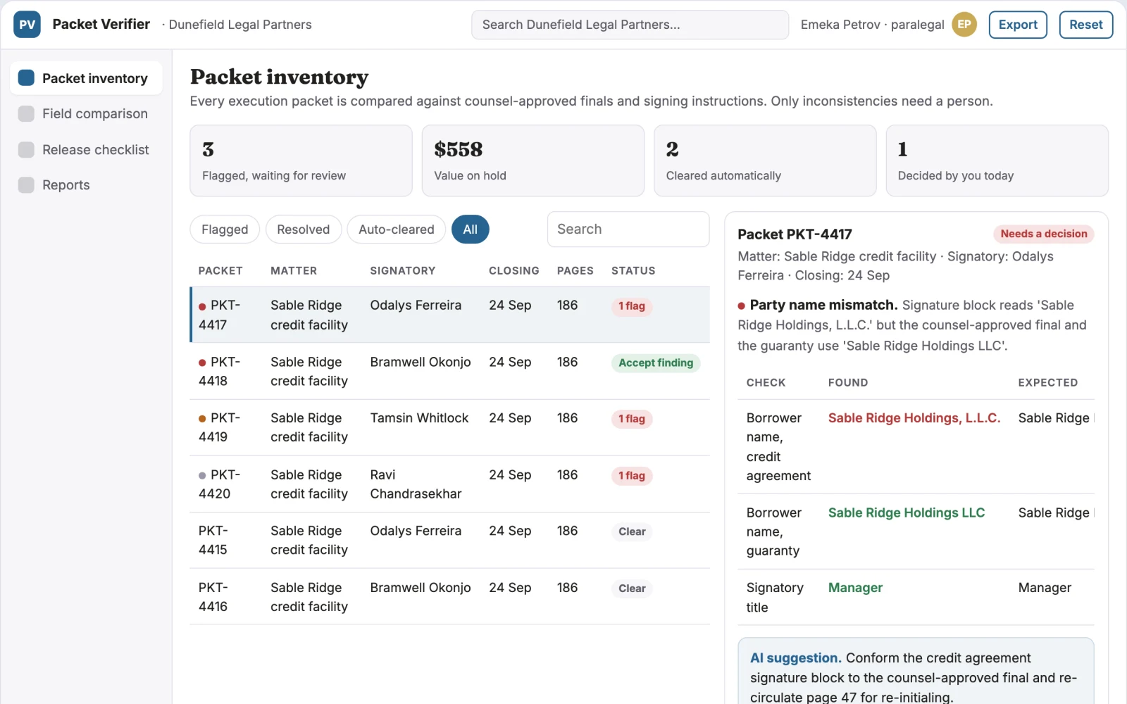 Screenshot of the Signature packet assembly verifier interactive demo
