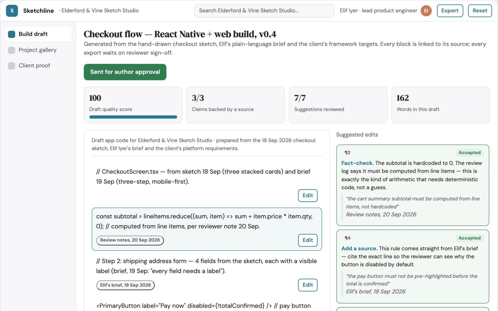 Screenshot of the Sketch and text to app code workbench interactive demo