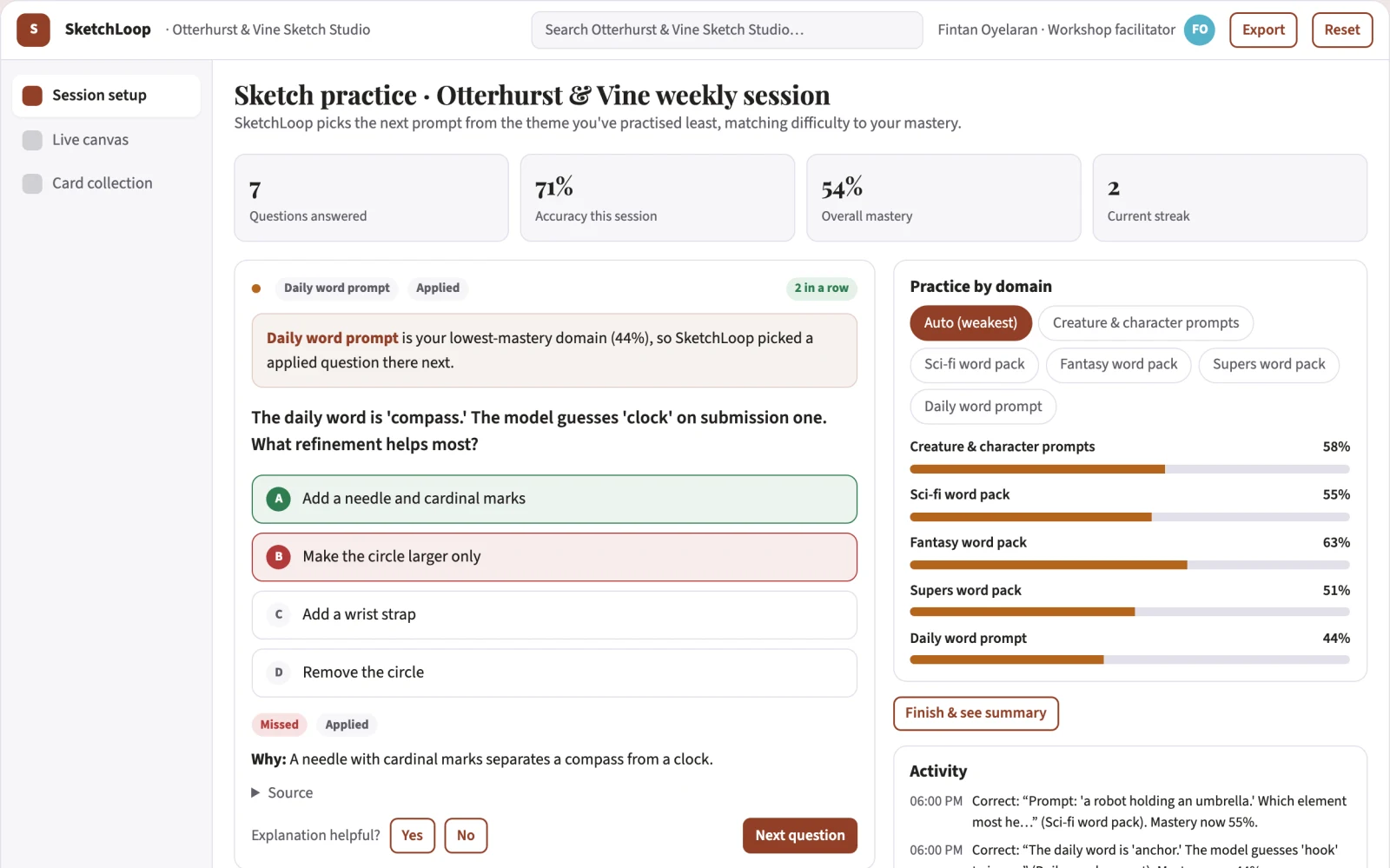 Screenshot of the Sketch prompt recognition practice platform interactive demo